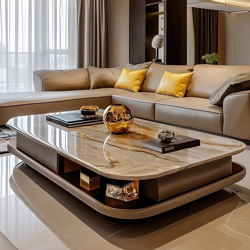 Raised Marble Top Coffee Table with Recessed Display Compartments