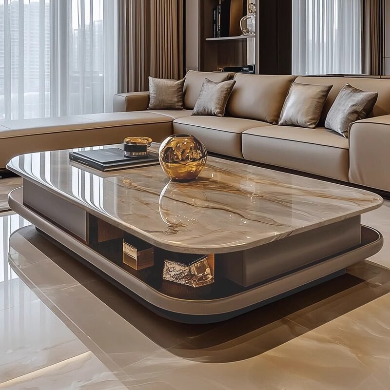 Raised Marble Top Coffee Table with Recessed Display Compartments