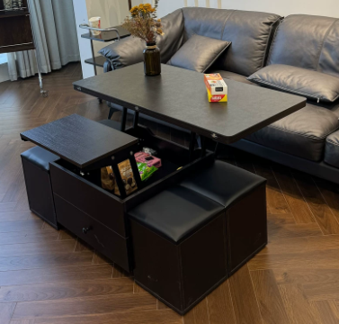 Lift-Top Table with Hidden Stools and Drawer Storage