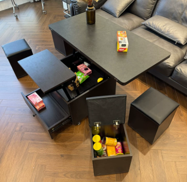 Lift-Top Table with Hidden Stools and Drawer Storage
