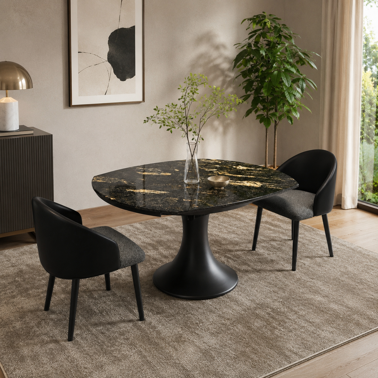 Black-Gold Luxury Stone Drop-Leaf Round Dining Table with Tulip Pedestal Base