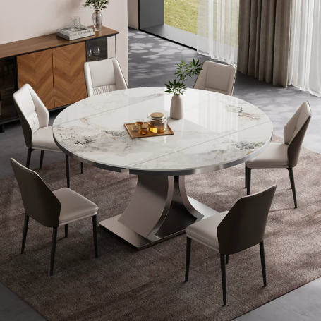 White Stone Round-Extension Dining Table with Twisted Pedestal Base