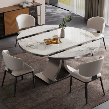 White Stone Round-Extension Dining Table with Twisted Pedestal Base