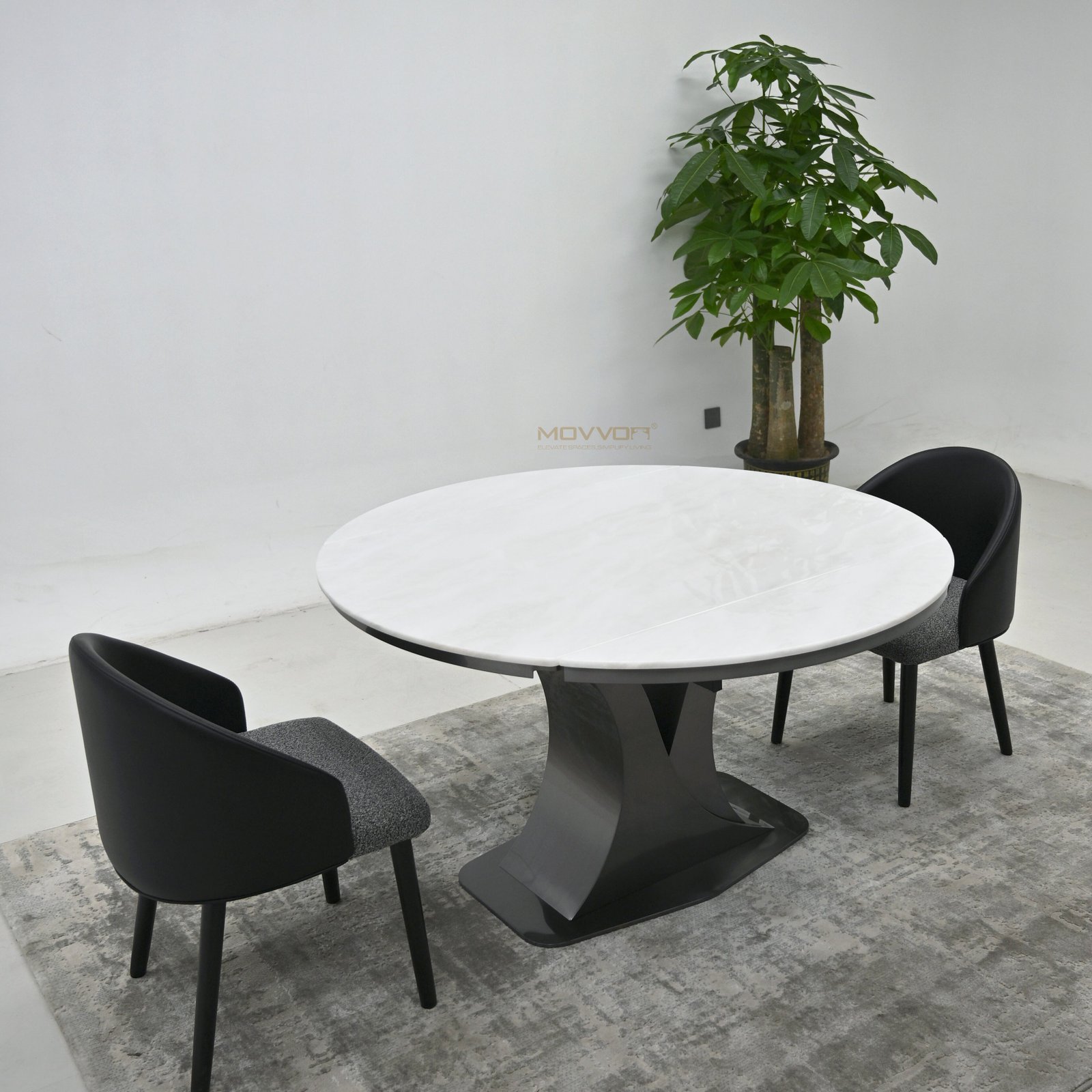 White Stone Round-Extension Dining Table with Twisted Pedestal Base