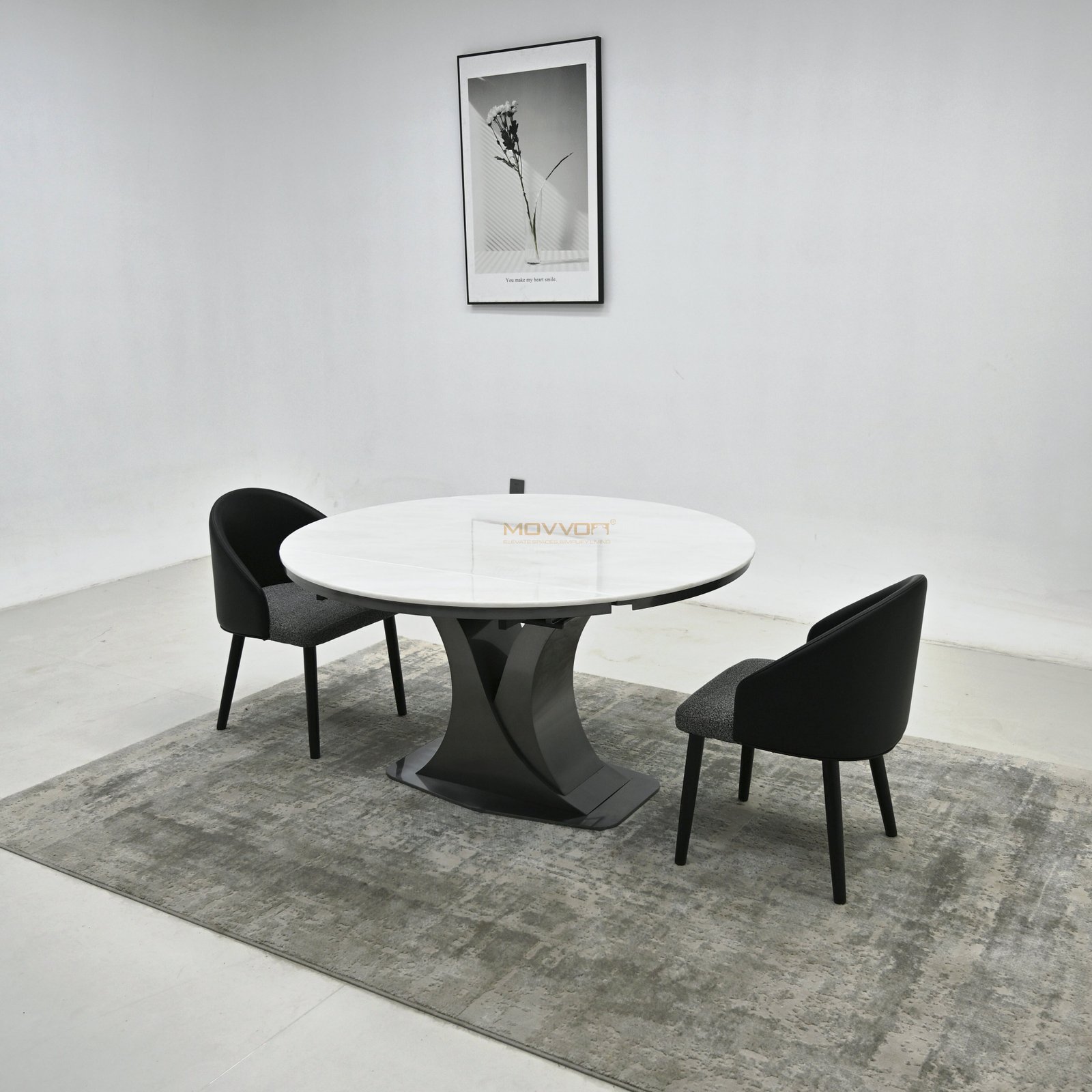 White Stone Round-Extension Dining Table with Twisted Pedestal Base