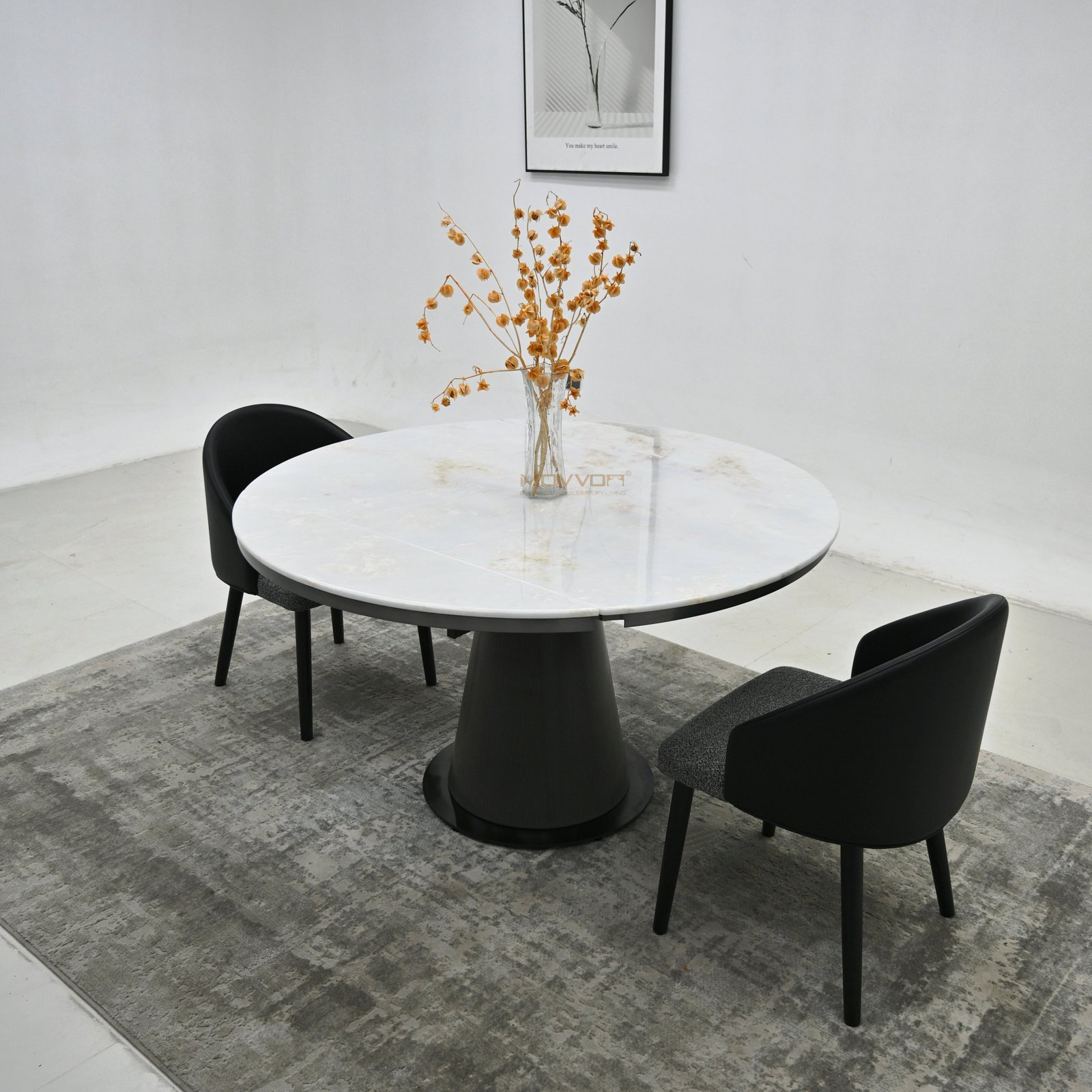 Ivory Marble-Effect Two-End Folding Round Table with Ribbed Cone Pedestal