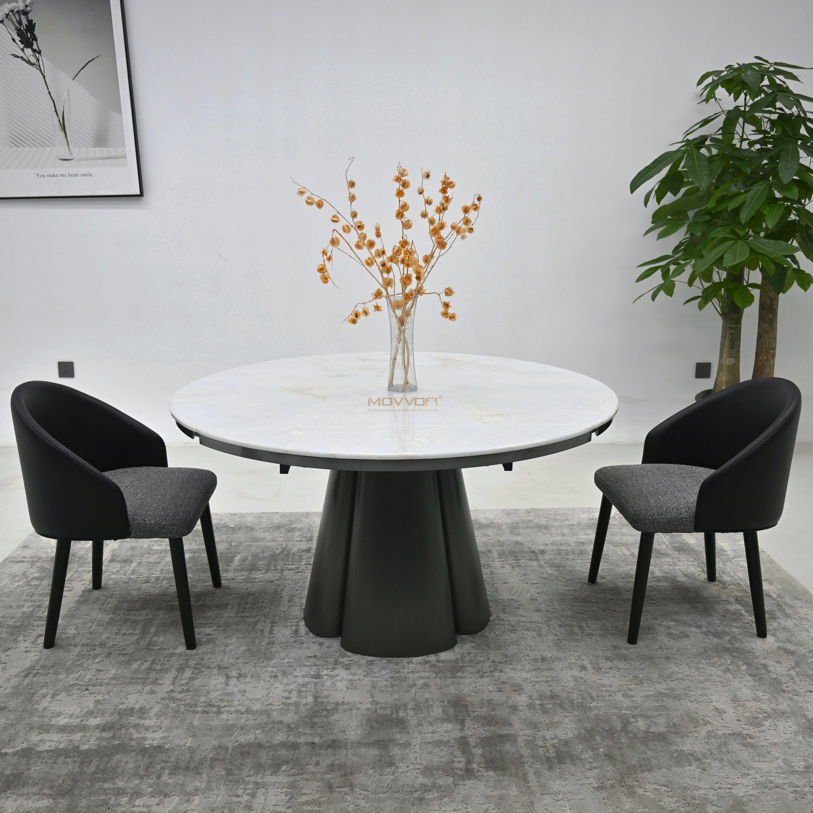 White Marble-Effect Drop-Leaf Round Dining Table with Clustered Petal Pedestal Base