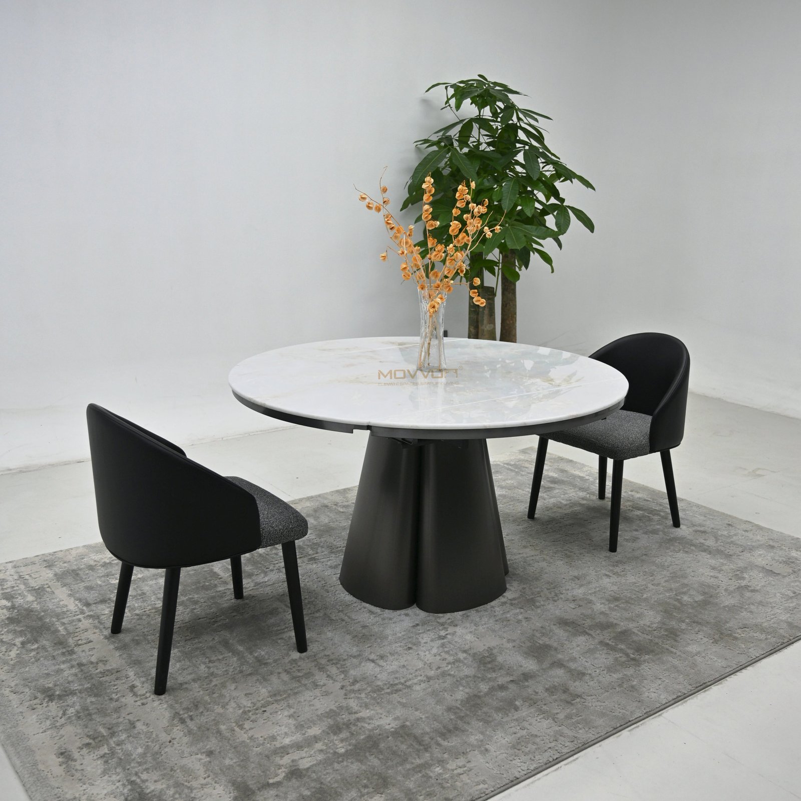White Marble-Effect Drop-Leaf Round Dining Table with Clustered Petal Pedestal Base
