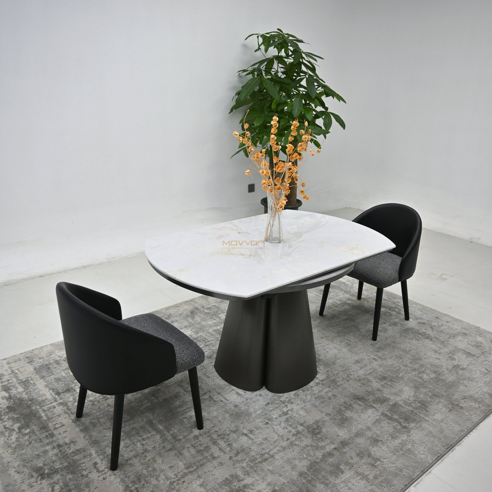 White Marble-Effect Drop-Leaf Round Dining Table with Clustered Petal Pedestal Base