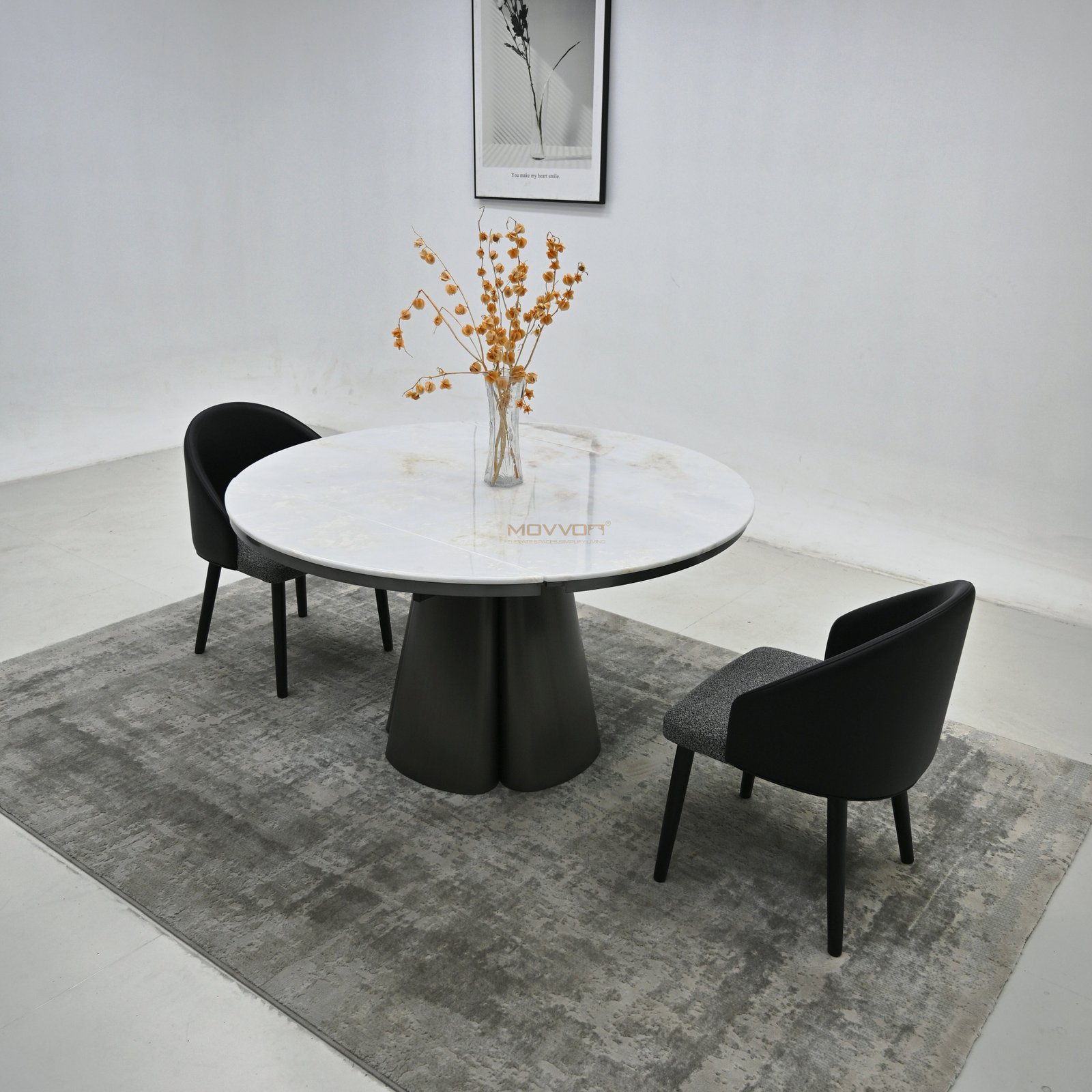 White Marble-Effect Drop-Leaf Round Dining Table with Clustered Petal Pedestal Base