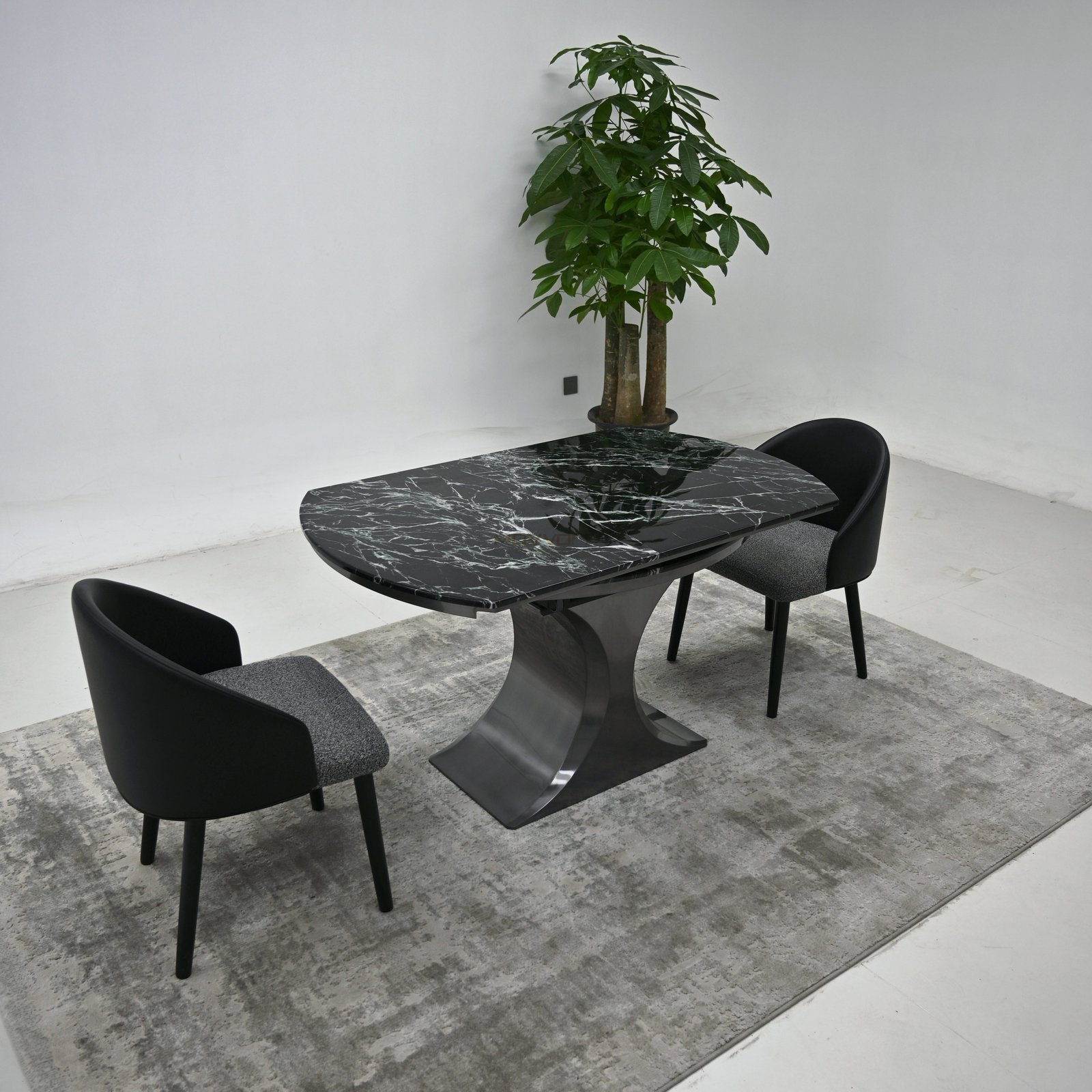 Luxury Stone Drop-Leaf Round Dining Table with Curved Ribbon Pedestal Base