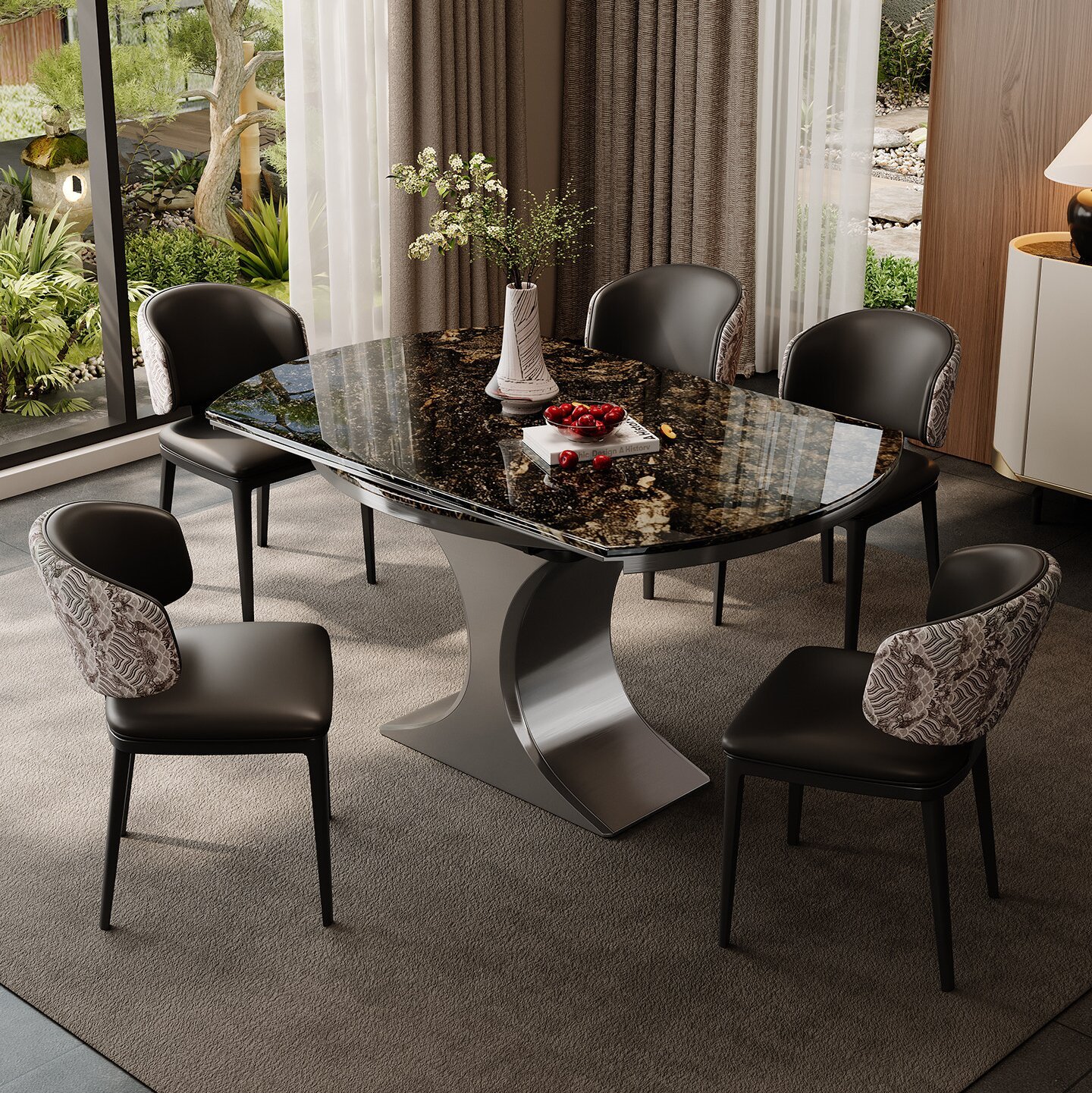 Luxury Stone Drop-Leaf Round Dining Table with Curved Ribbon Pedestal Base