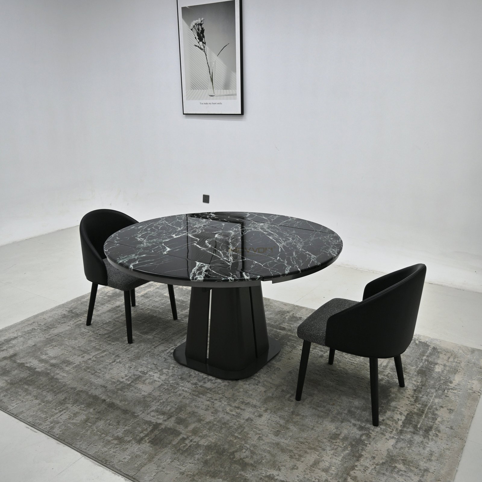 Black Veined Luxury Stone Drop-Leaf Round Table with Tapered Stainless Steel Pedestal