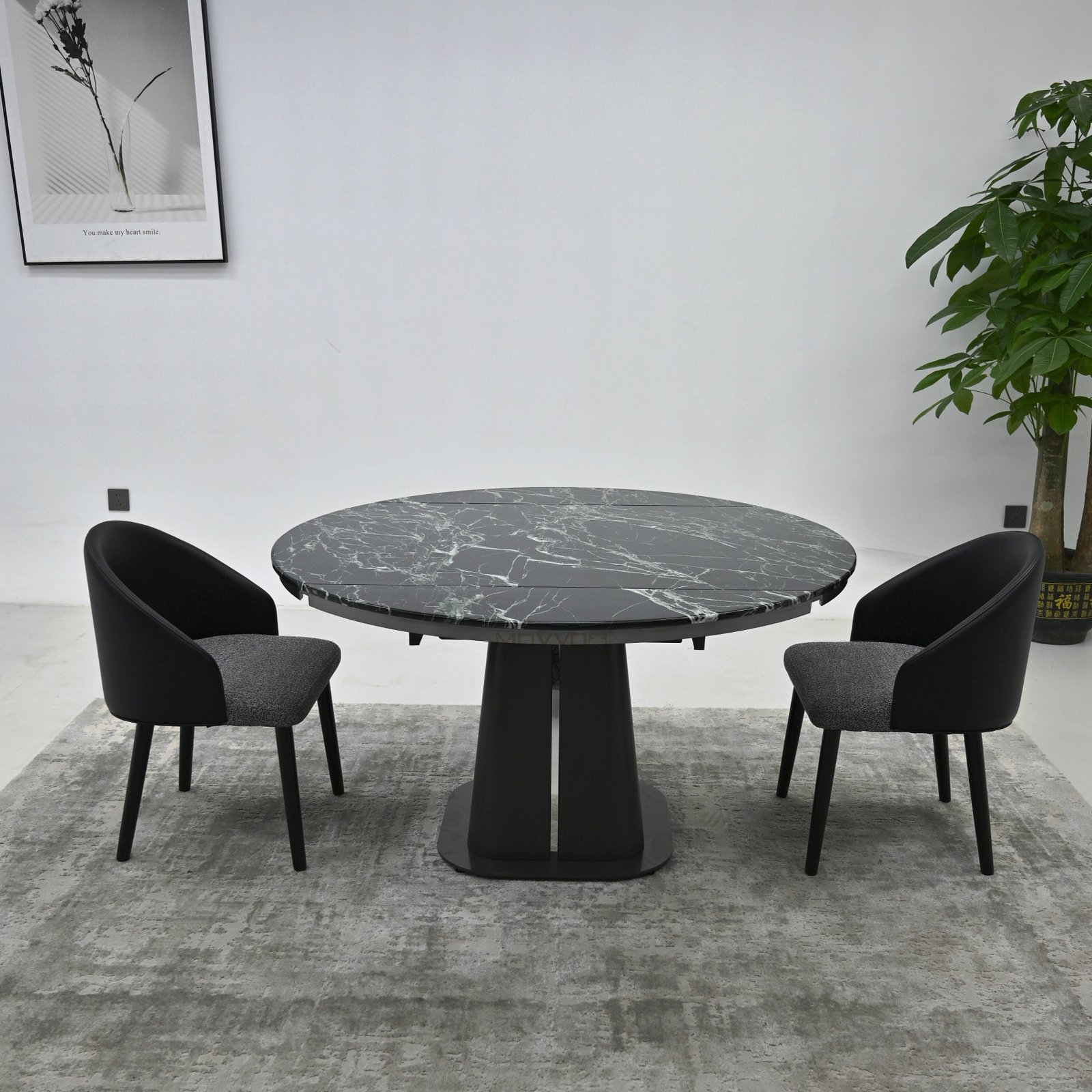 Black Veined Luxury Stone Drop-Leaf Round Table with Tapered Stainless Steel Pedestal