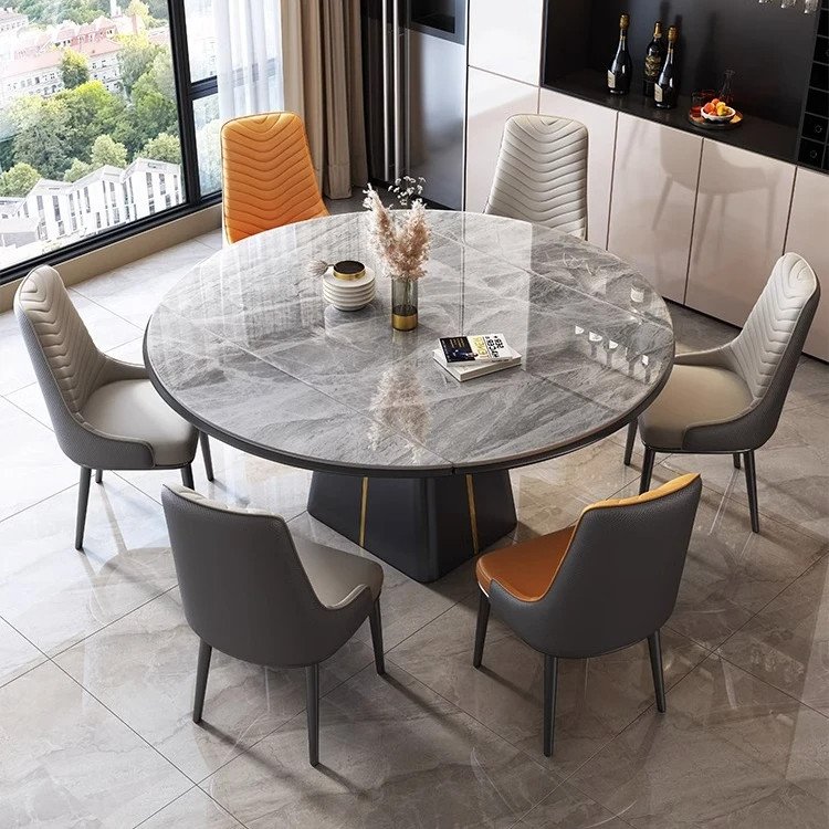 Black Veined Luxury Stone Drop-Leaf Round Table with Tapered Stainless Steel Pedestal