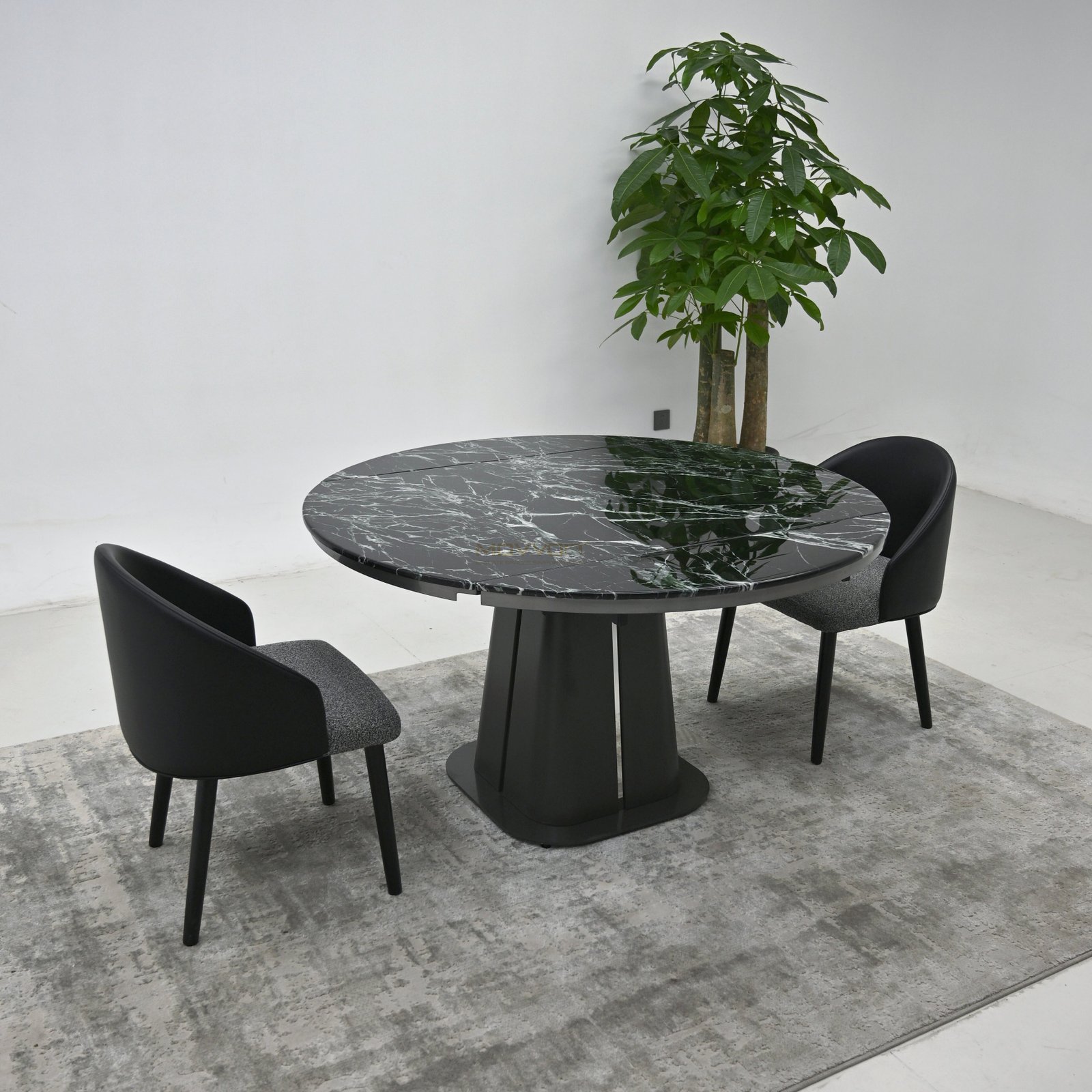 Black Veined Luxury Stone Drop-Leaf Round Table with Tapered Stainless Steel Pedestal