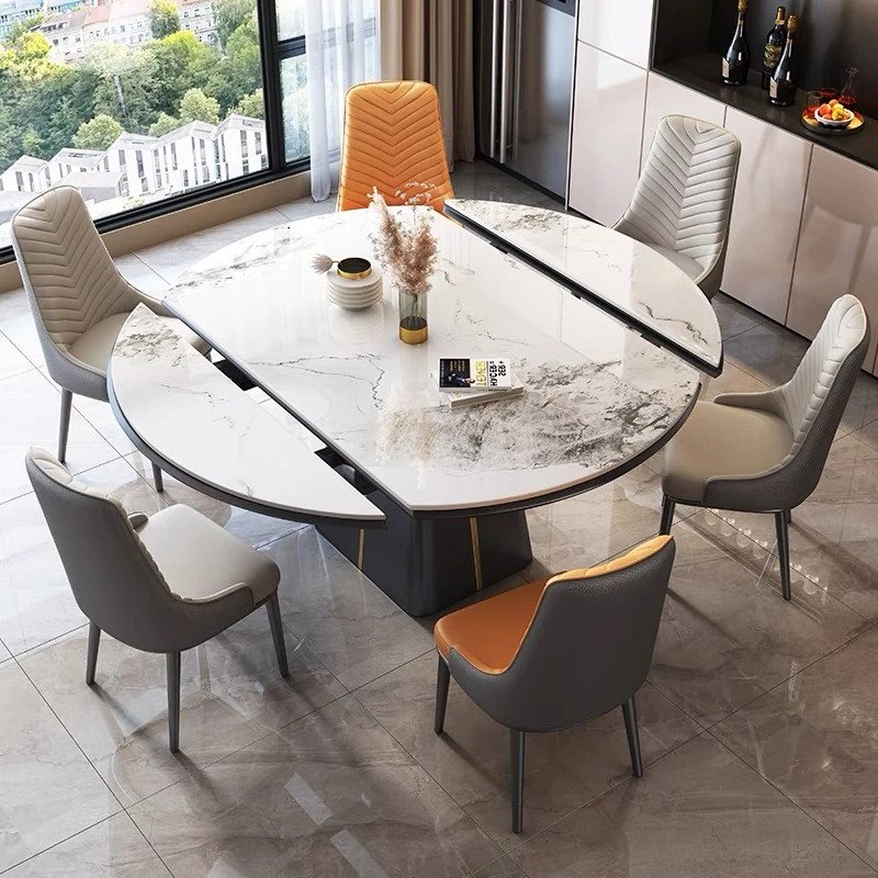 Black Veined Luxury Stone Drop-Leaf Round Table with Tapered Stainless Steel Pedestal
