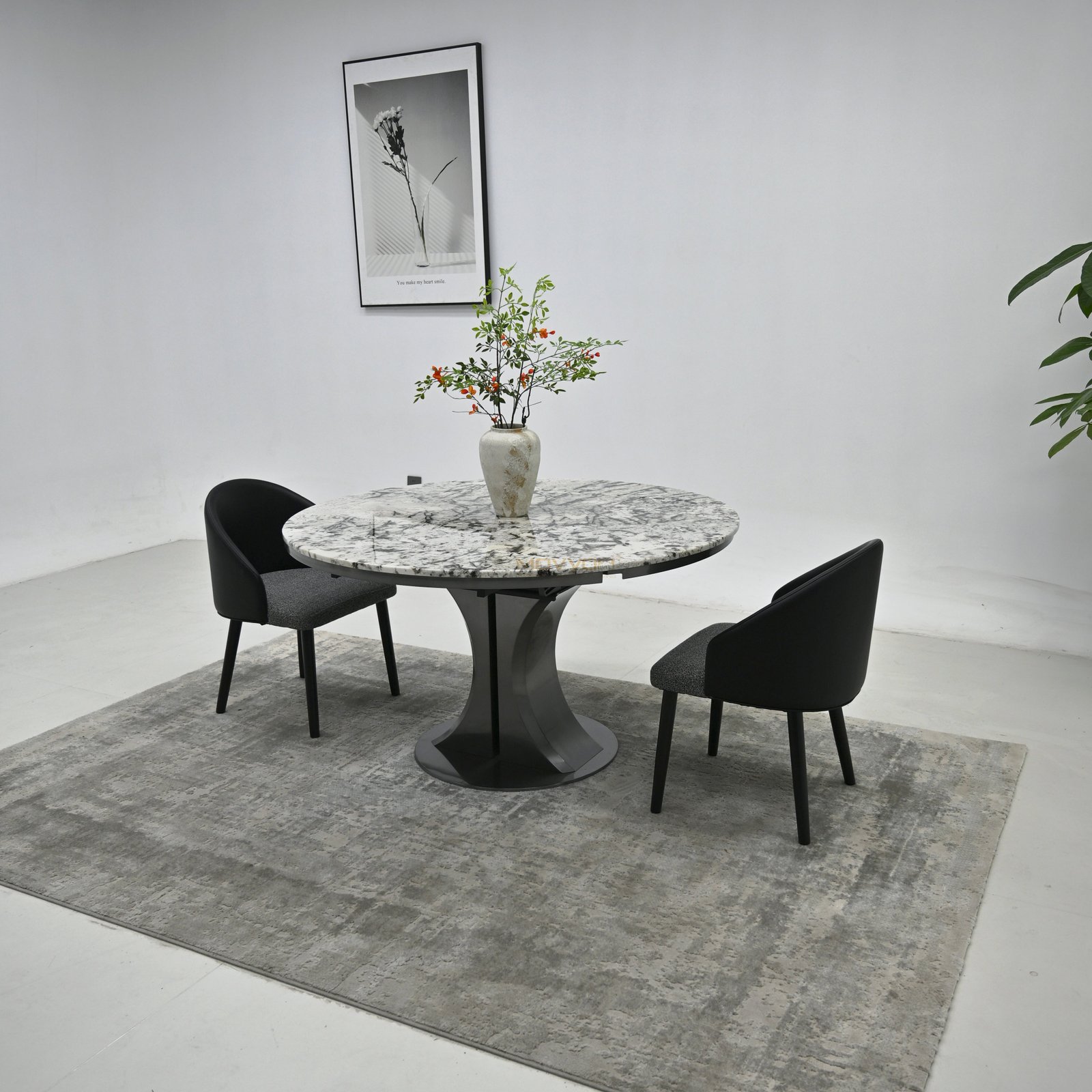 Cloud Vein Luxury Stone Folding Round Table with Sculpted Stainless Steel Base