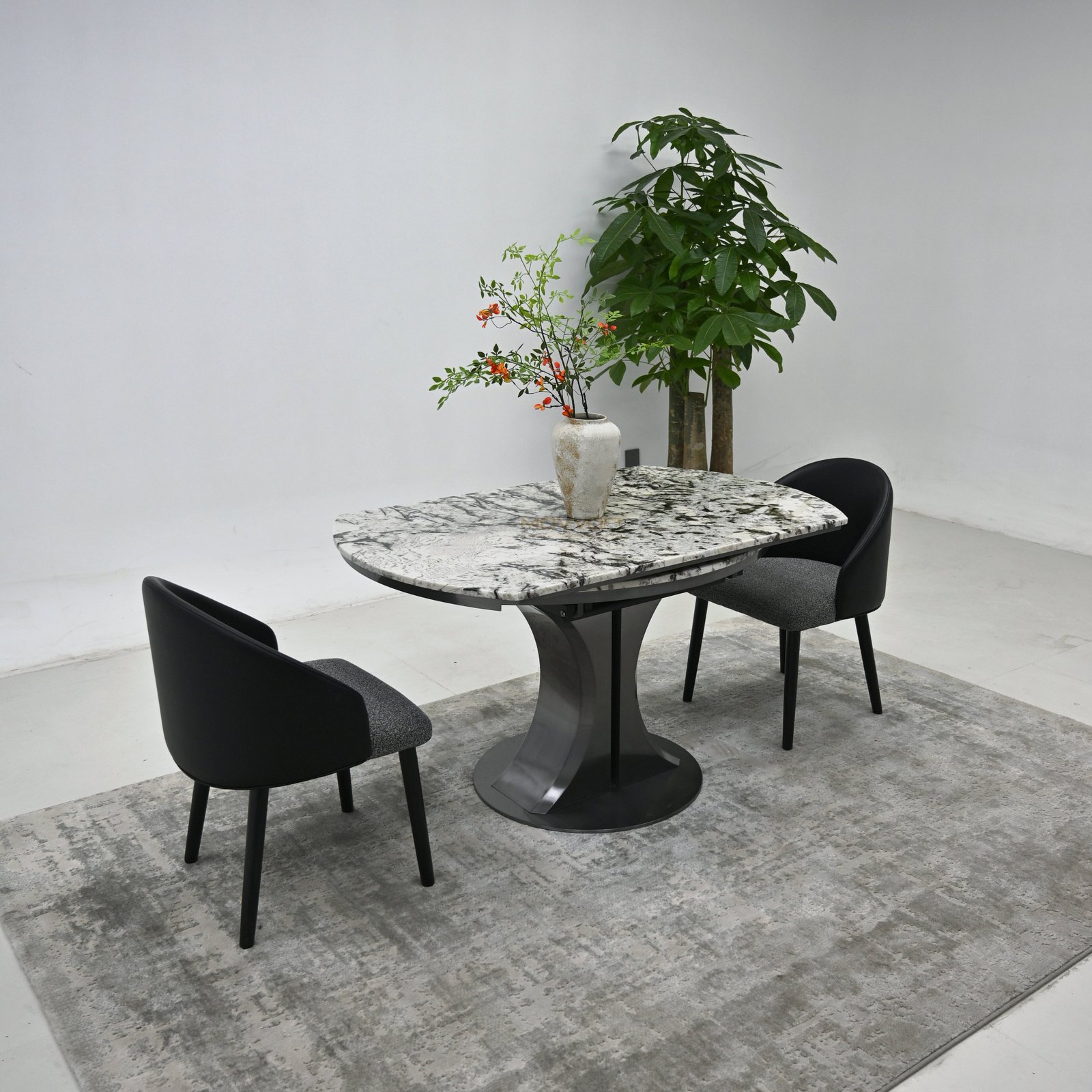 Cloud Vein Luxury Stone Folding Round Table with Sculpted Stainless Steel Base