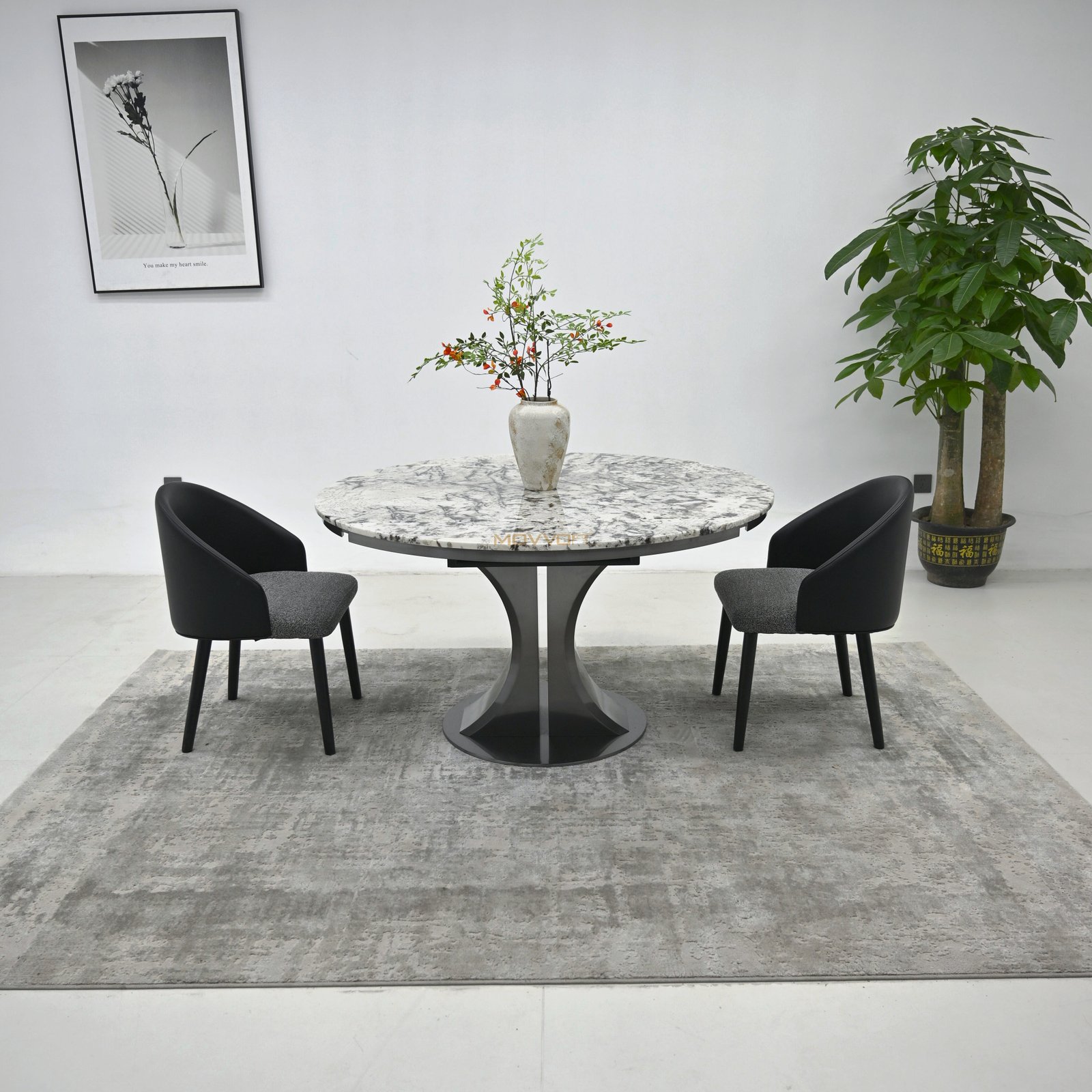 Cloud Vein Luxury Stone Folding Round Table with Sculpted Stainless Steel Base