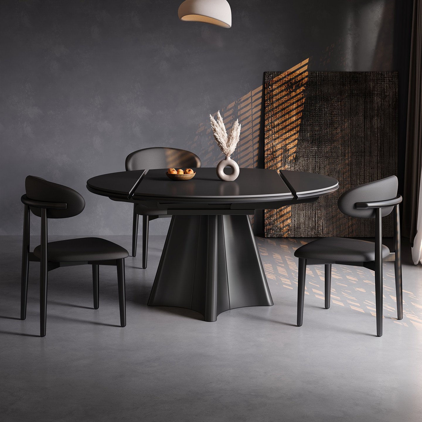 Black Ice Marble-Effect Folding Round Table with Faceted Tulip Stainless Steel Pedestal