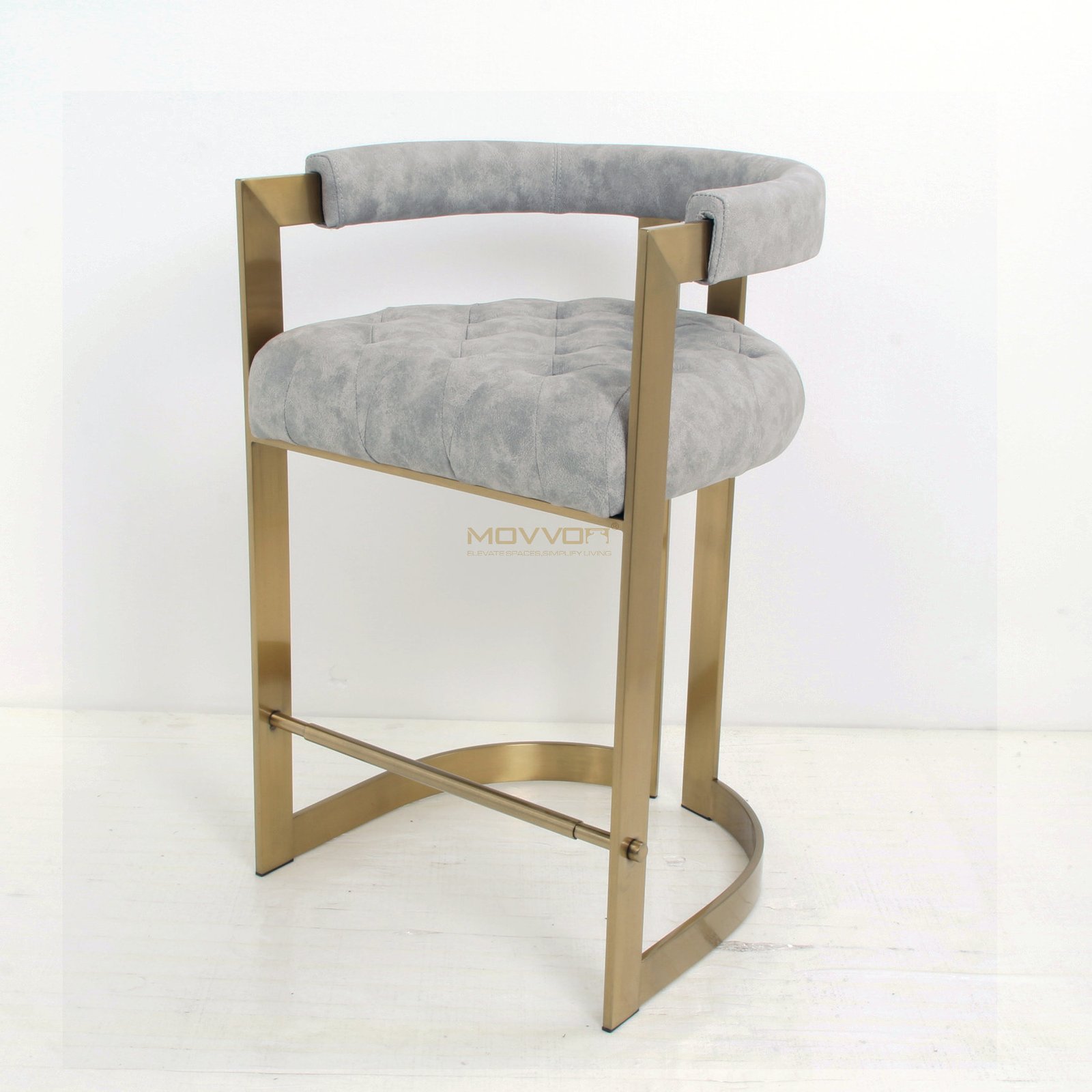 Crescent Back Tufted Bar Stool with Champagne U-Frame Base
