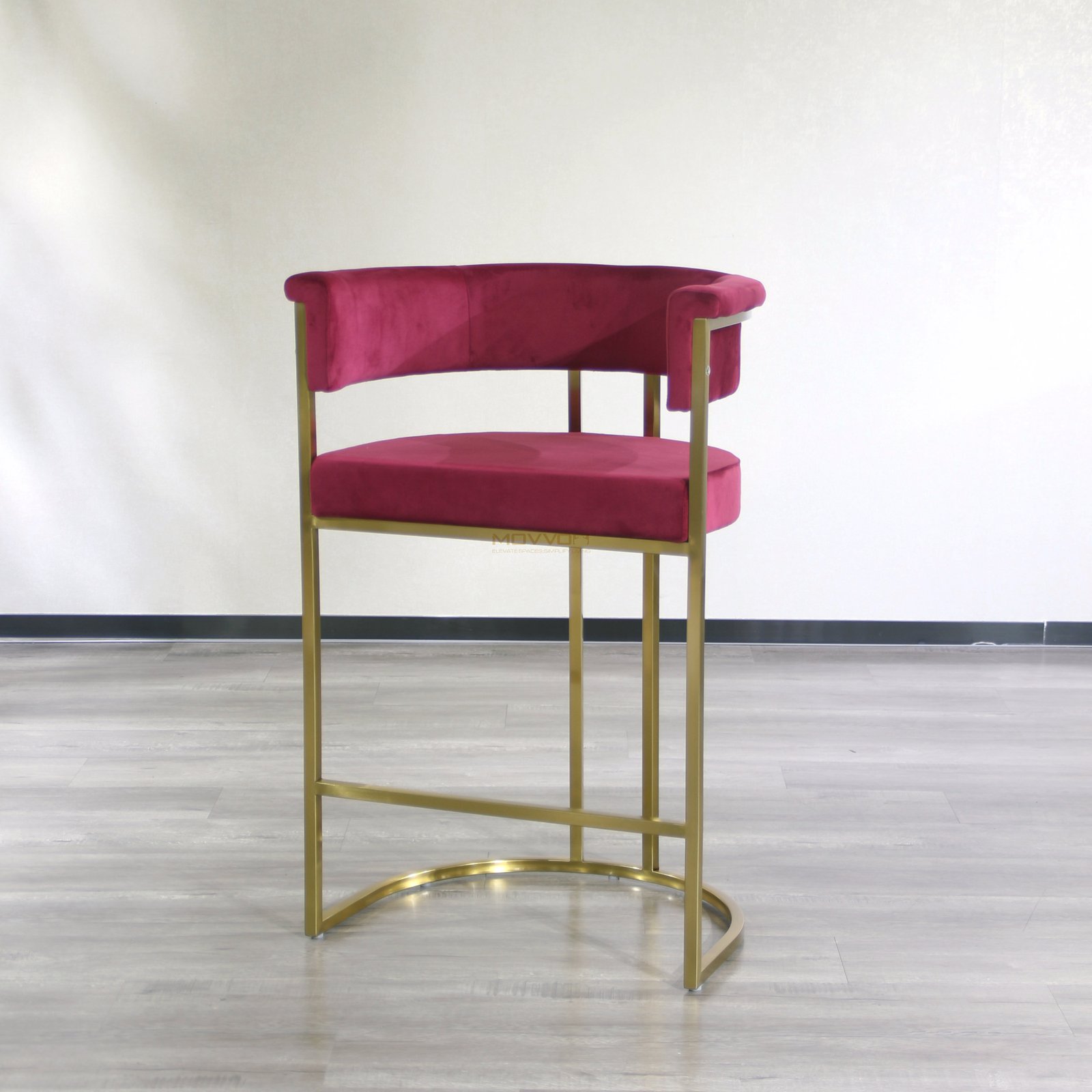 Rolled Barrel Back Bar Stool with Gold Half-Moon Sled Base