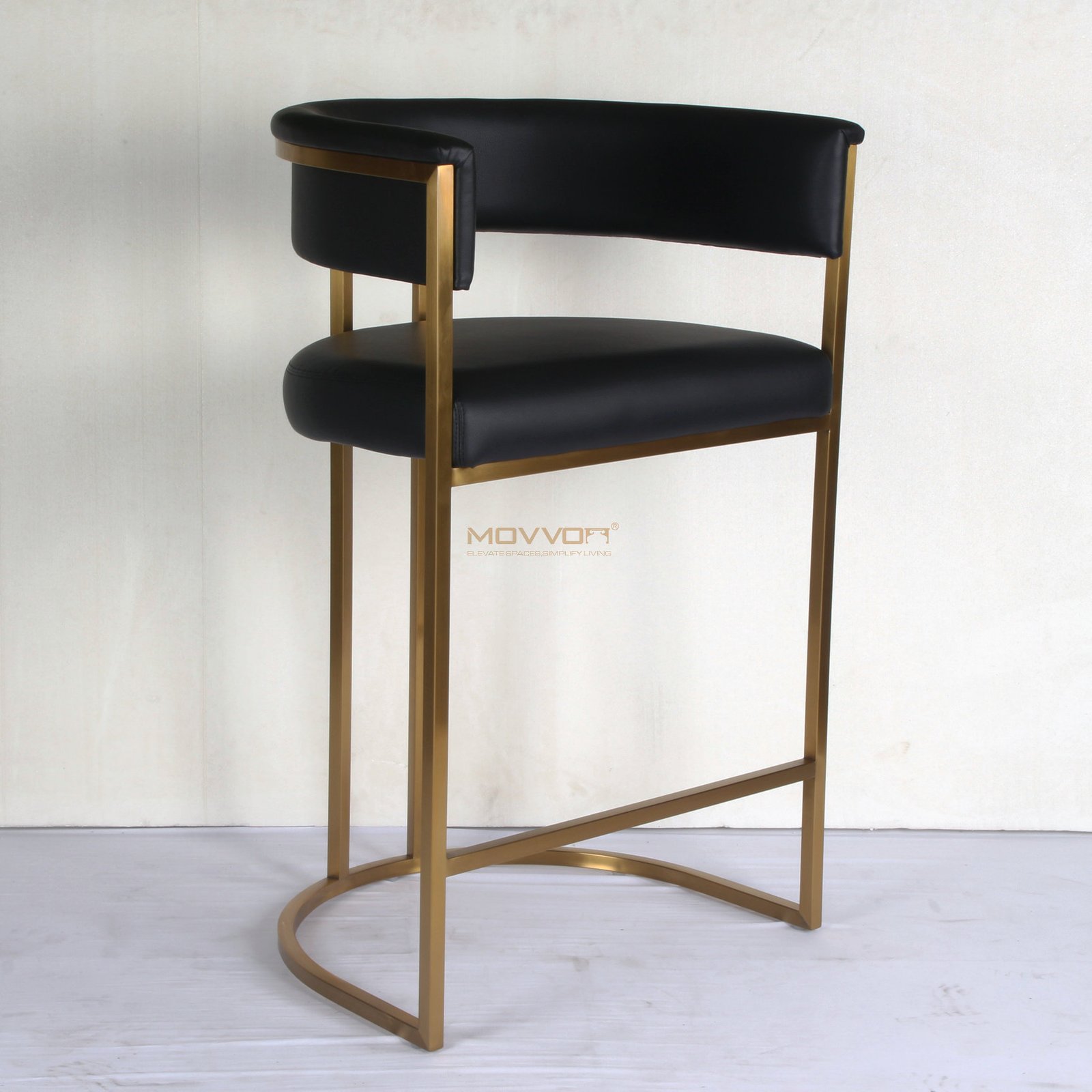 Rolled Barrel Back Bar Stool with Gold Half-Moon Sled Base