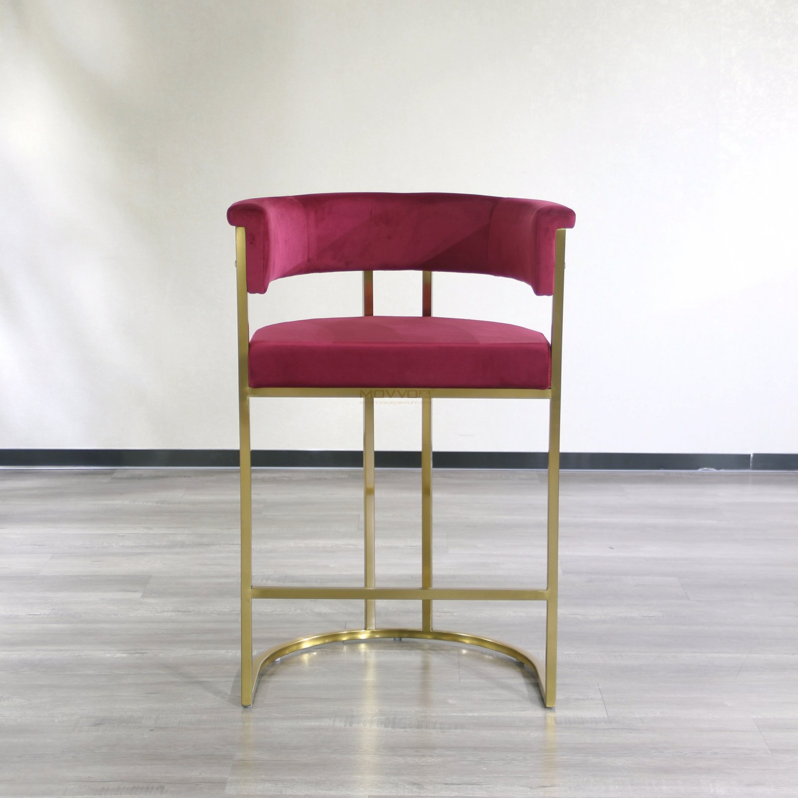 Rolled Barrel Back Bar Stool with Gold Half-Moon Sled Base
