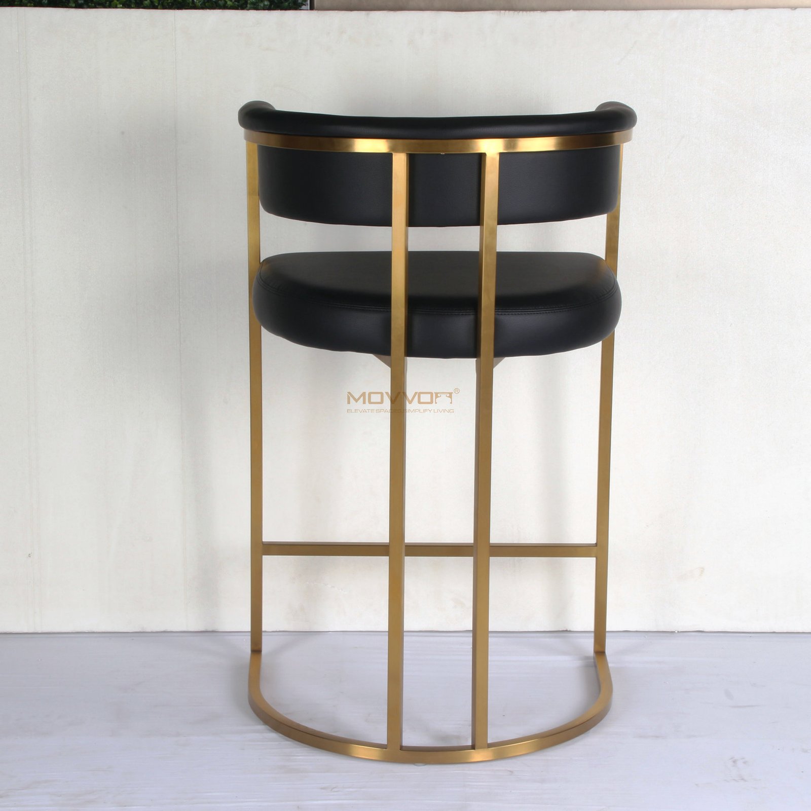 Rolled Barrel Back Bar Stool with Gold Half-Moon Sled Base