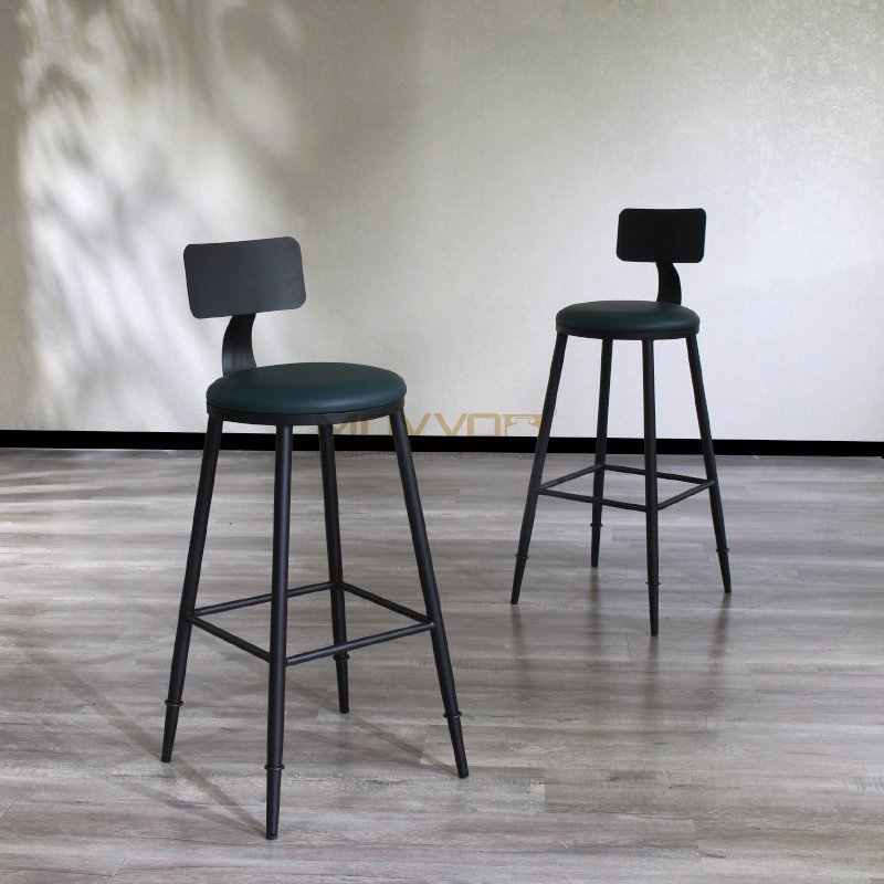 Industrial Green Bar Stool with Bent Back Support and Black Crossbar Frame