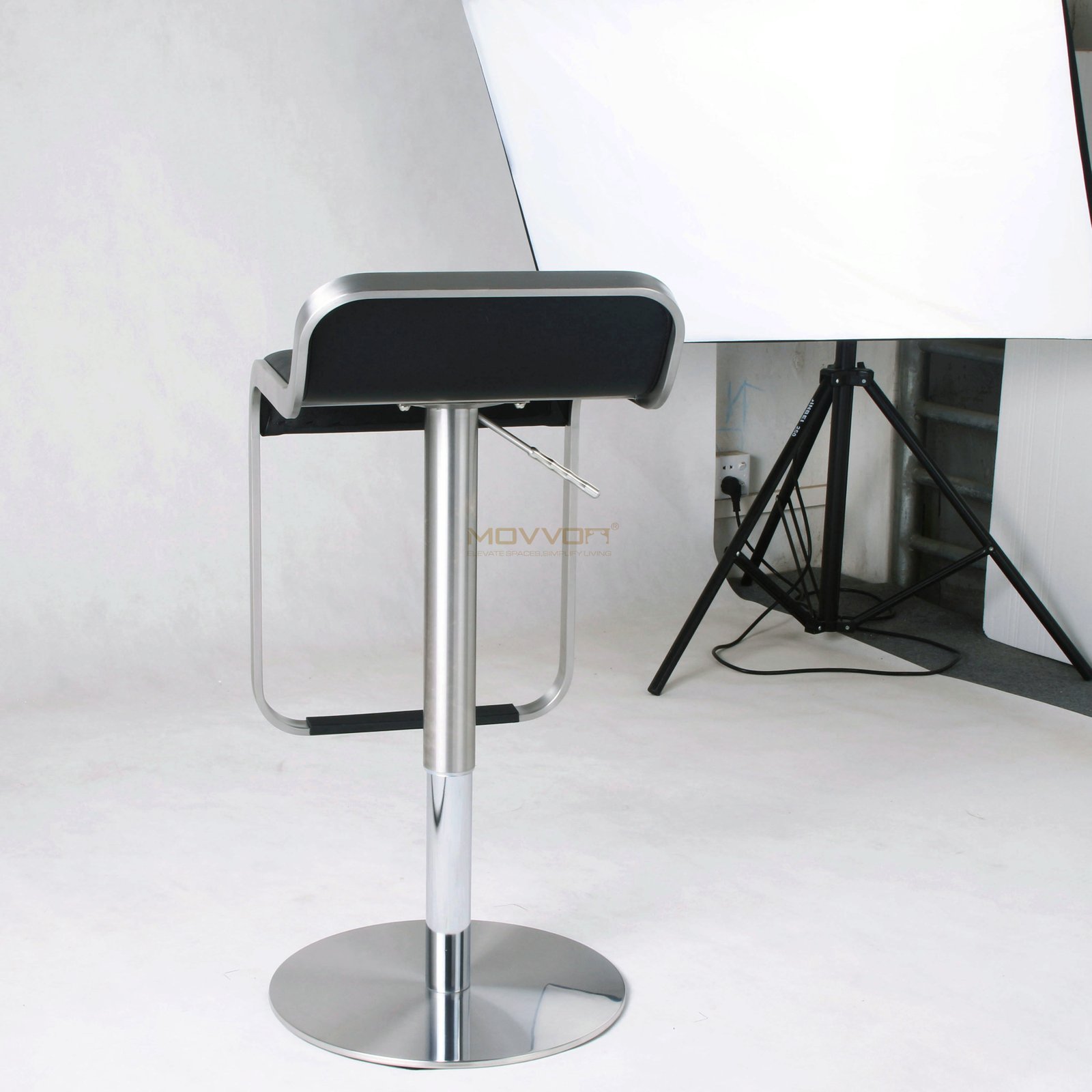Black Cushioned Adjustable Bar Stool with Brushed Loop Metal Frame