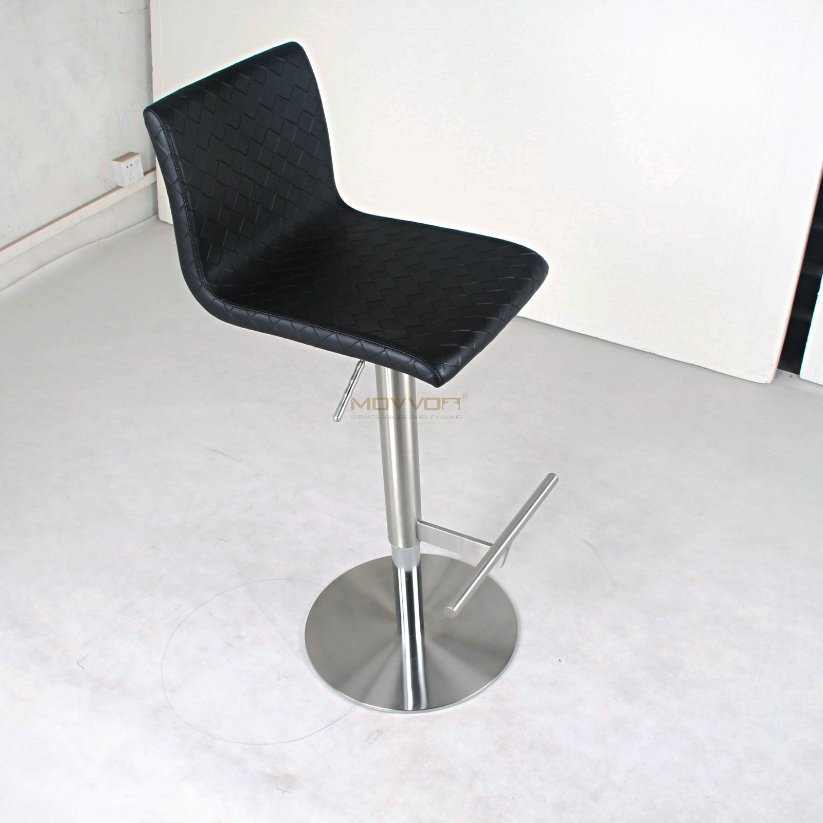 Black Basket-Weave Adjustable Bar Stool with Chrome T-Bar Footrest