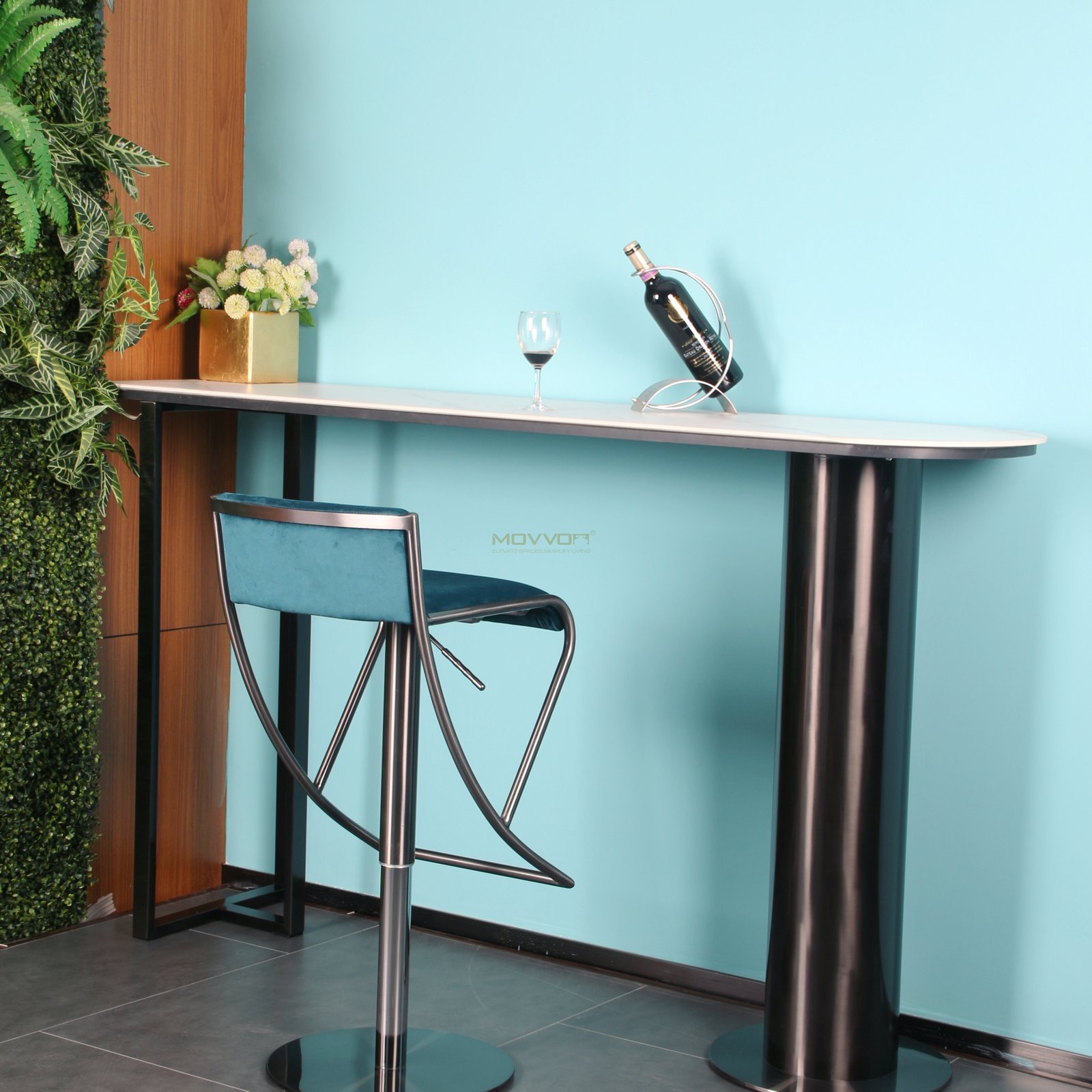 Teal Low Back Bar Stool with Angular Footrest and Pedestal Base