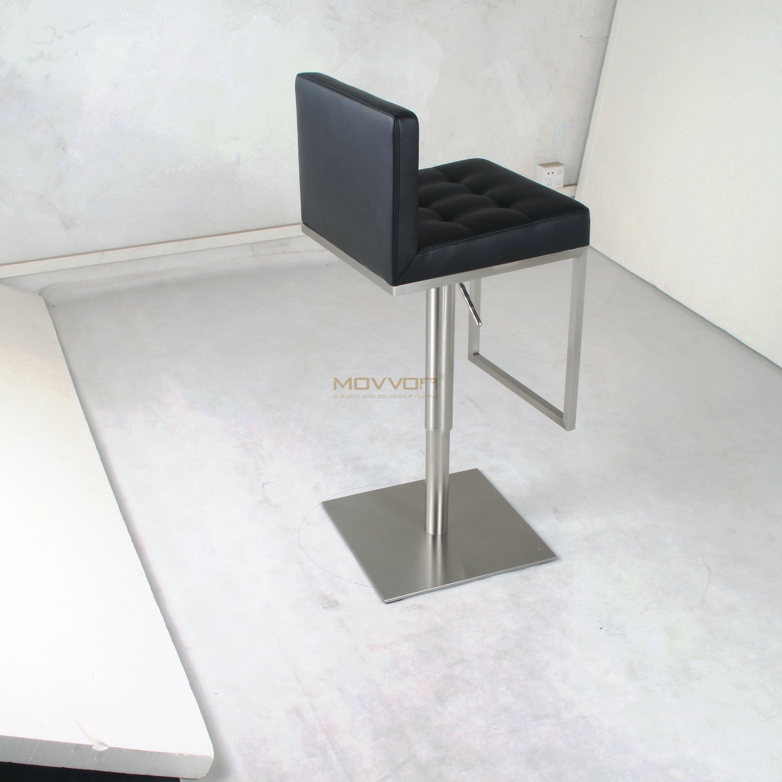 Black Tufted Bar Stool with Square Footrest Frame and Brushed Pedestal