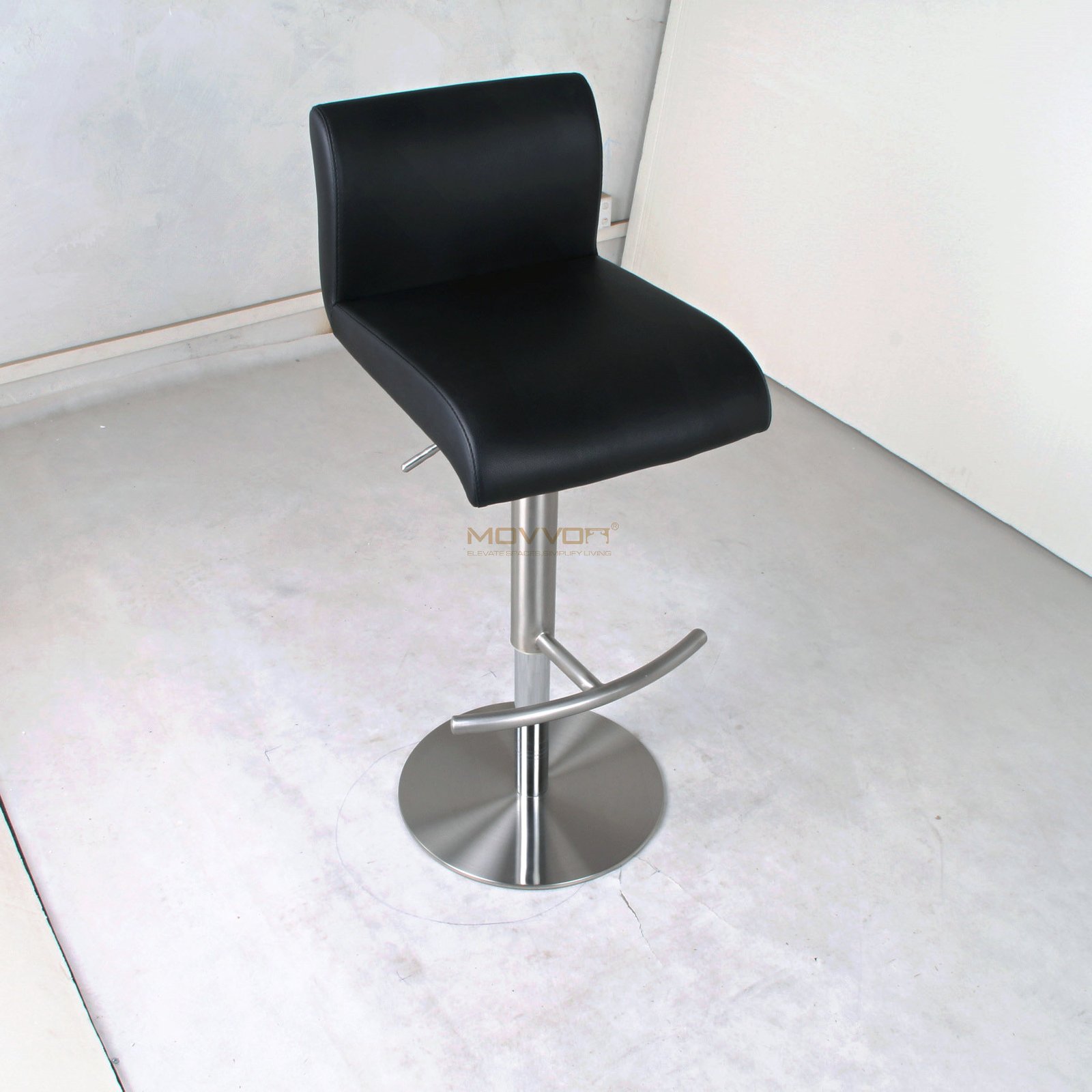 Black Waterfall Seat Bar Stool with Crescent Footrest and Round Base