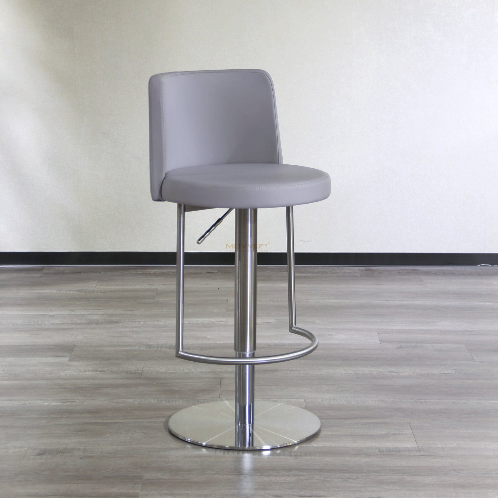 Grey Rounded Back Bar Stool with Guardrail Footrest and Round Base