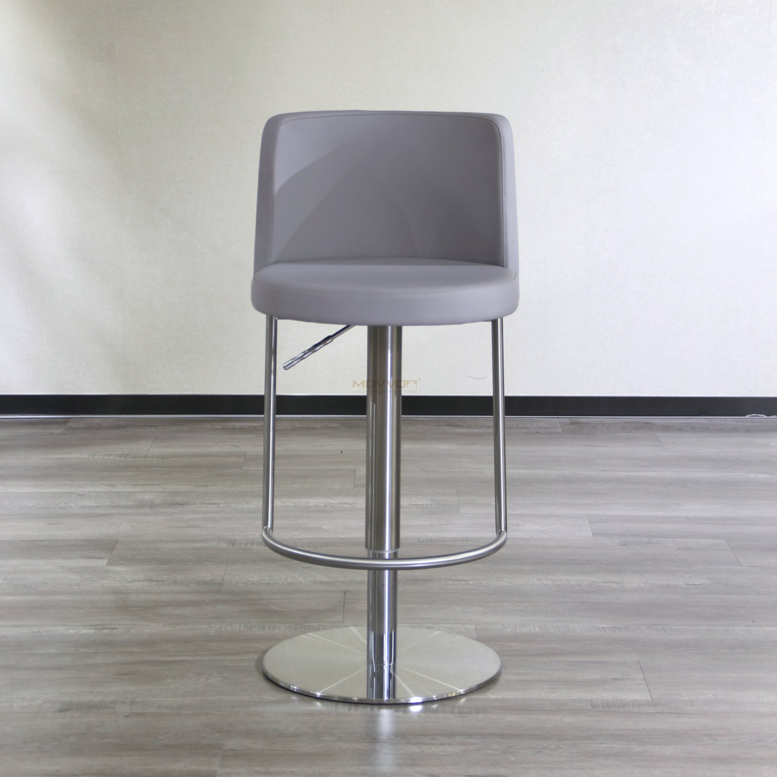 Grey Rounded Back Bar Stool with Guardrail Footrest and Round Base