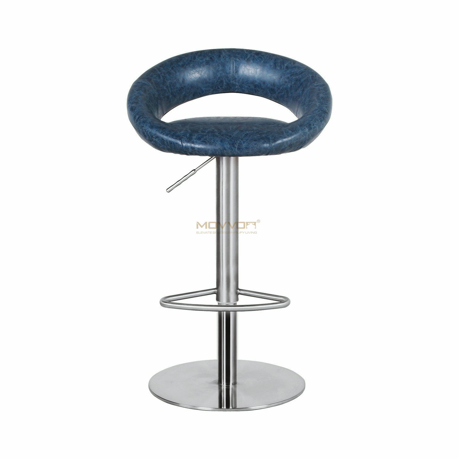 Blue Open-Ring Bar Stool with Oval Footrest and Brushed Pedestal