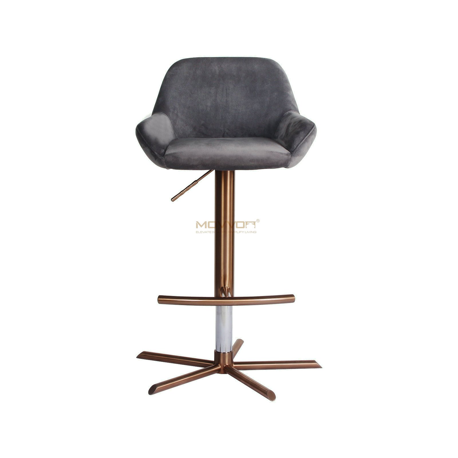 Grey Low-Arm Bar Chair with Bronze Star Base and Curved Footrest