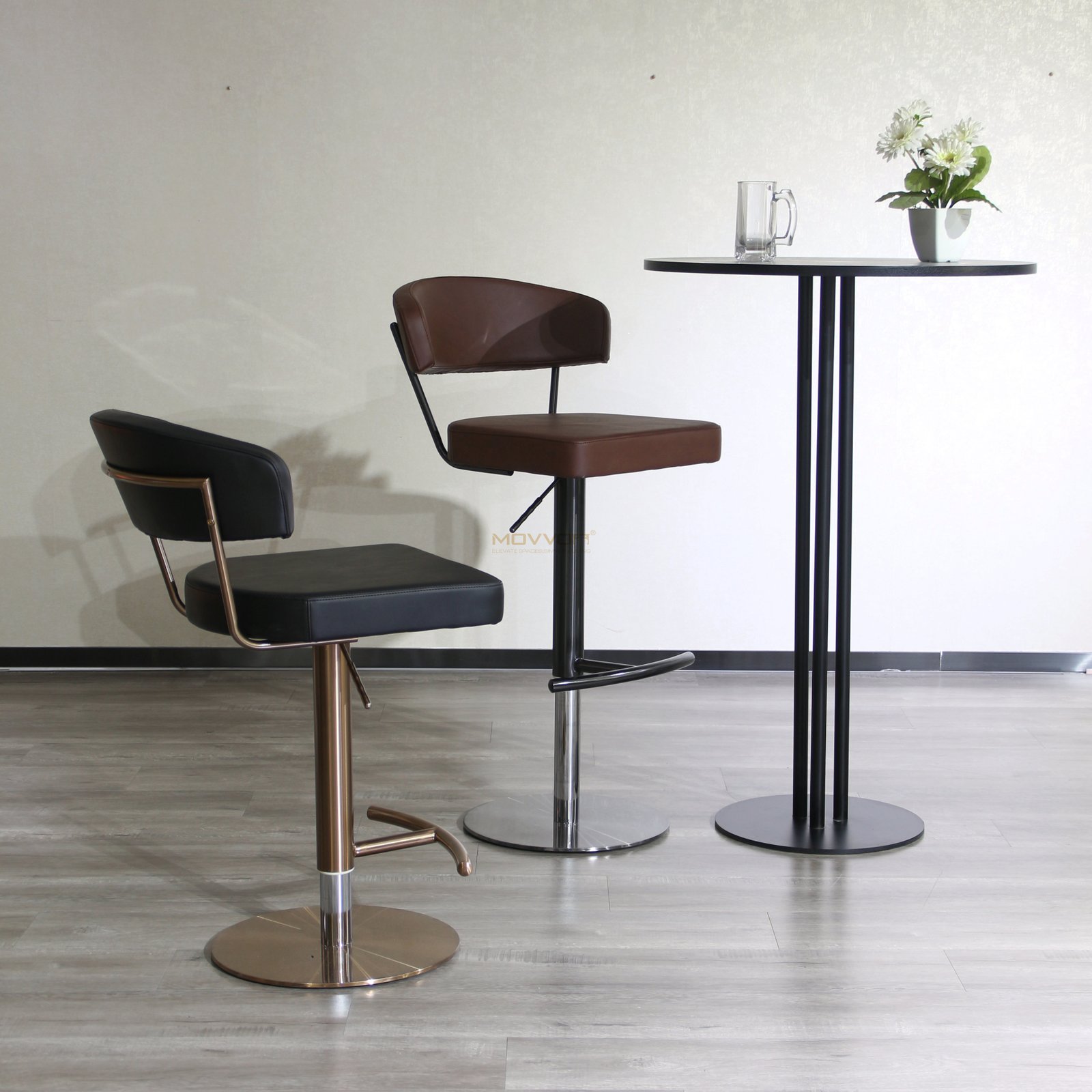 Floating Back Bar Stool with Curved T-Footrest and Round Base