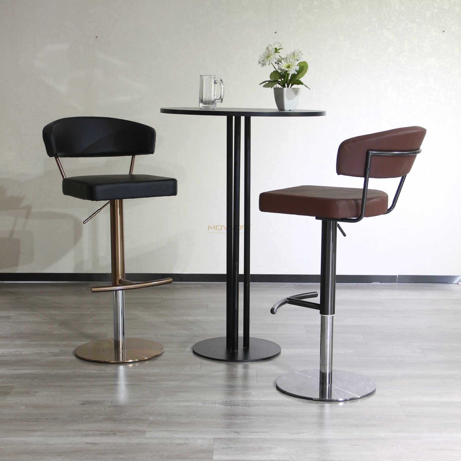Floating Back Bar Stool with Curved T-Footrest and Round Base