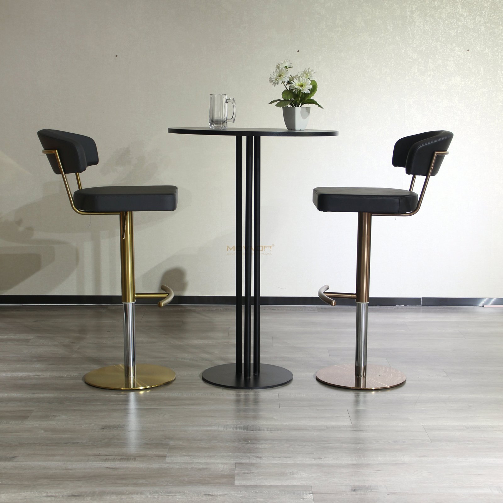 Floating Back Bar Stool with Curved T-Footrest and Round Base