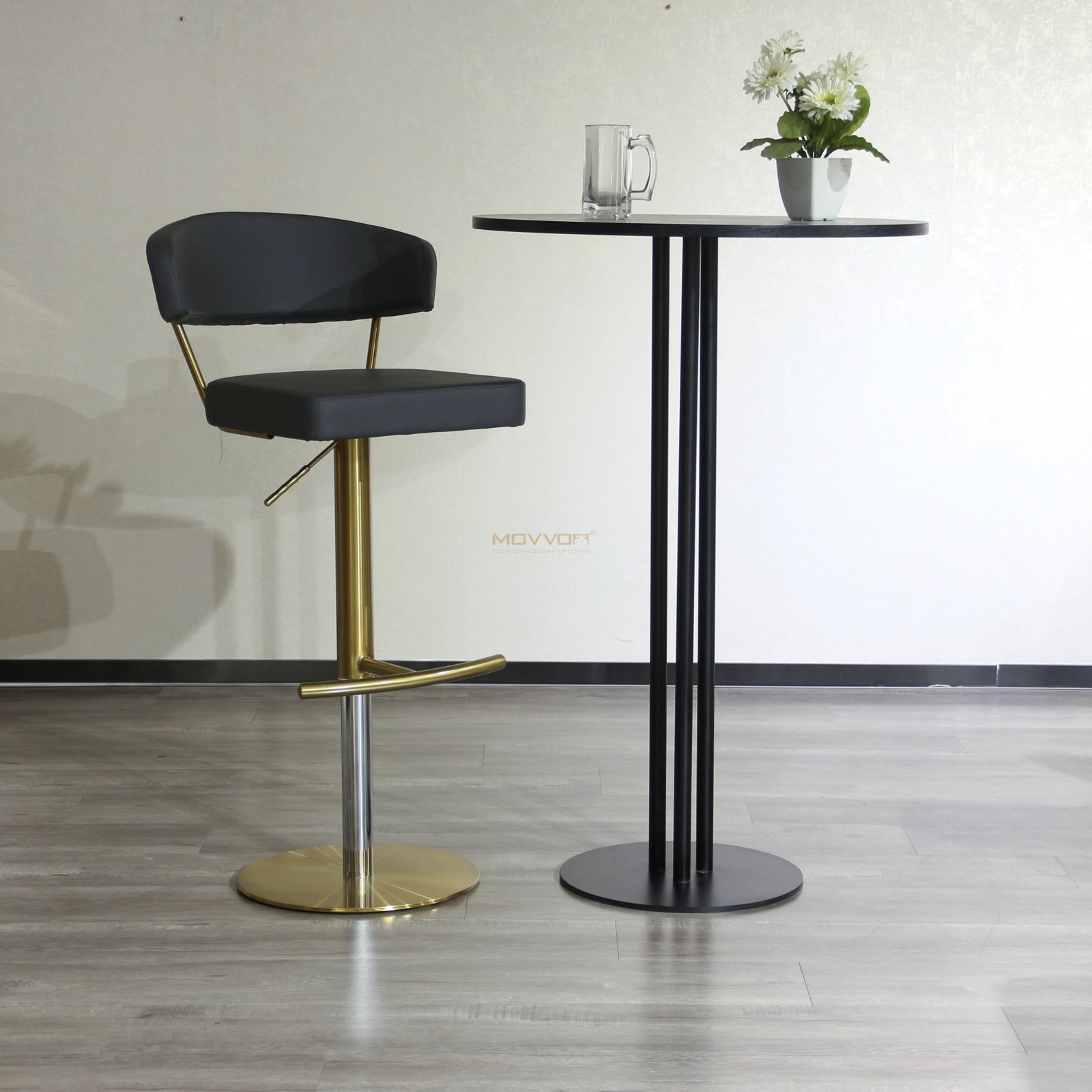 Floating Back Bar Stool with Curved T-Footrest and Round Base