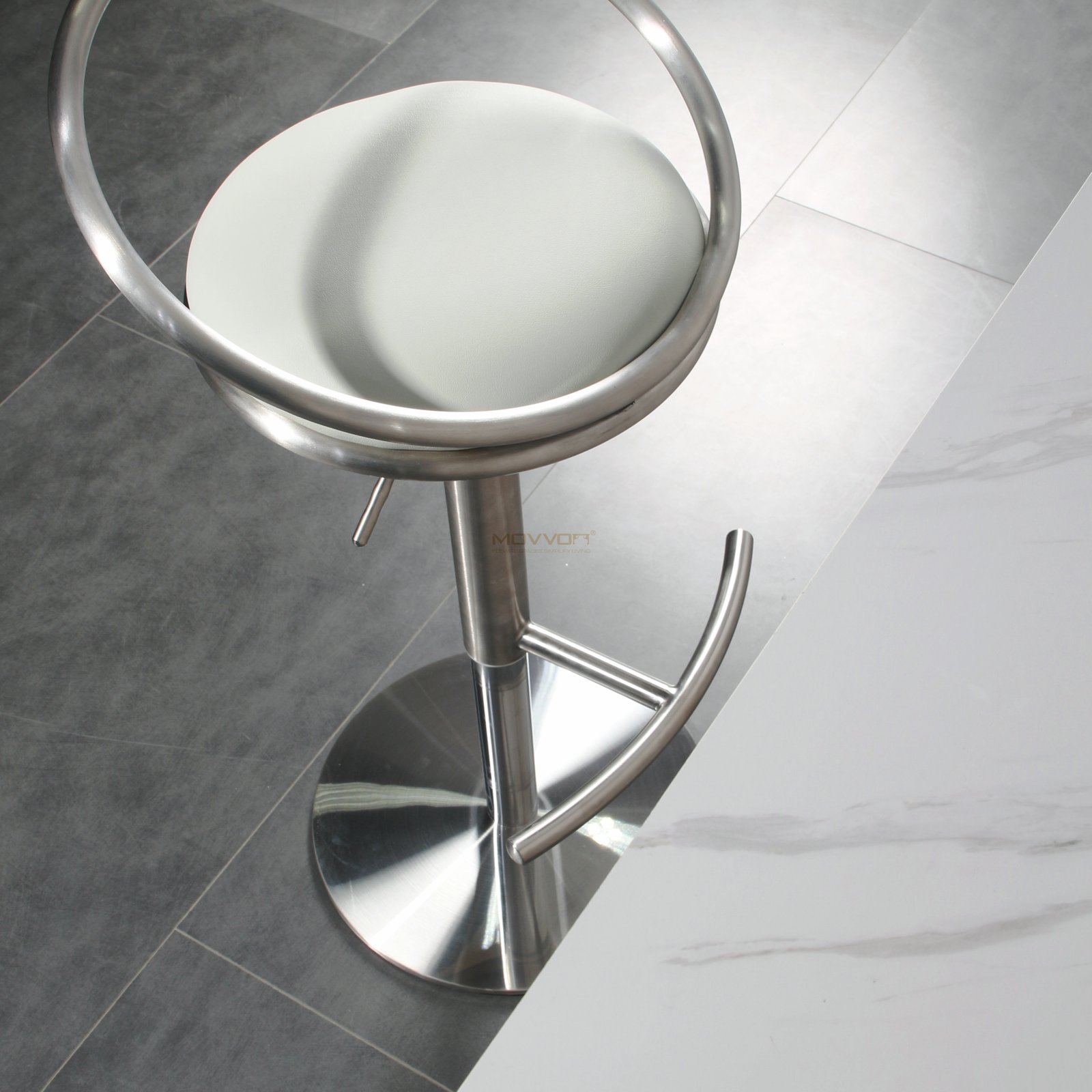 Orbital Ring Back Bar Stool with Curved Footrest and Round Pedestal