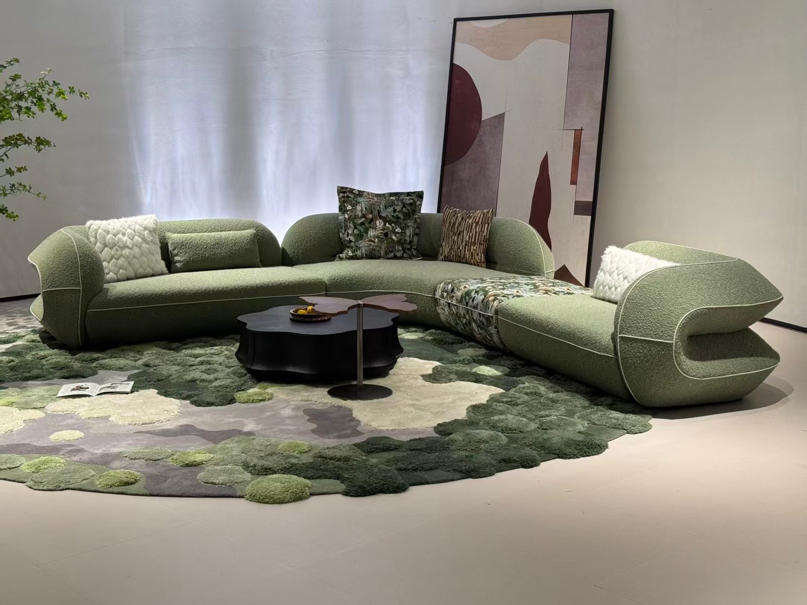 Olive Roll-Arm Lounge Sofa in Botanical Patchwork Upholstery
