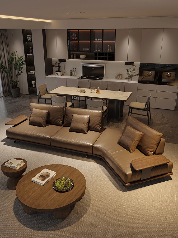 Brown Chaise Sofa System, Floating Metal Base and Side Tables