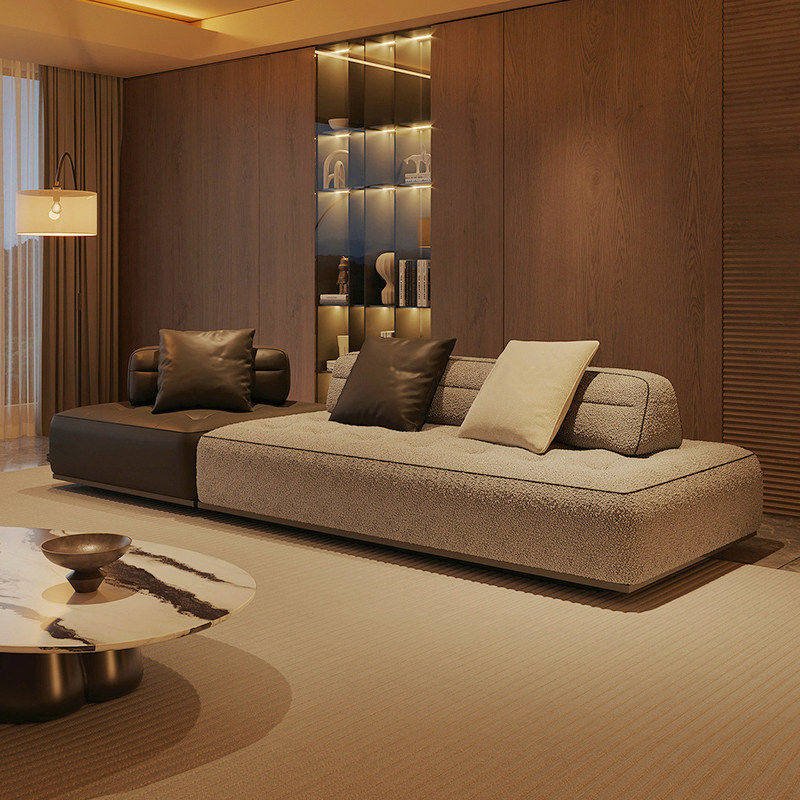 Two-Tone Grid Modular Sofa for Low Bench Lounge Layouts
