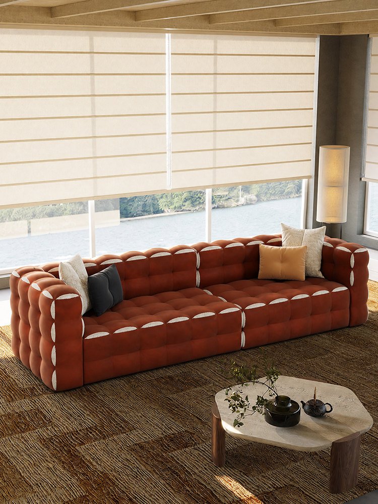Caramel Grid-Tufted Lounge Sofa, White Crescent Edge Detail