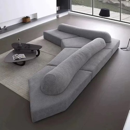 Long Bolster-Back Modular Sofa for Curved Low Lounge Layouts